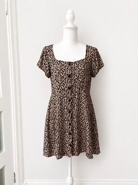 Aeropostale Leopard Button-Front Square Neck Mini Dress - Tan/Black